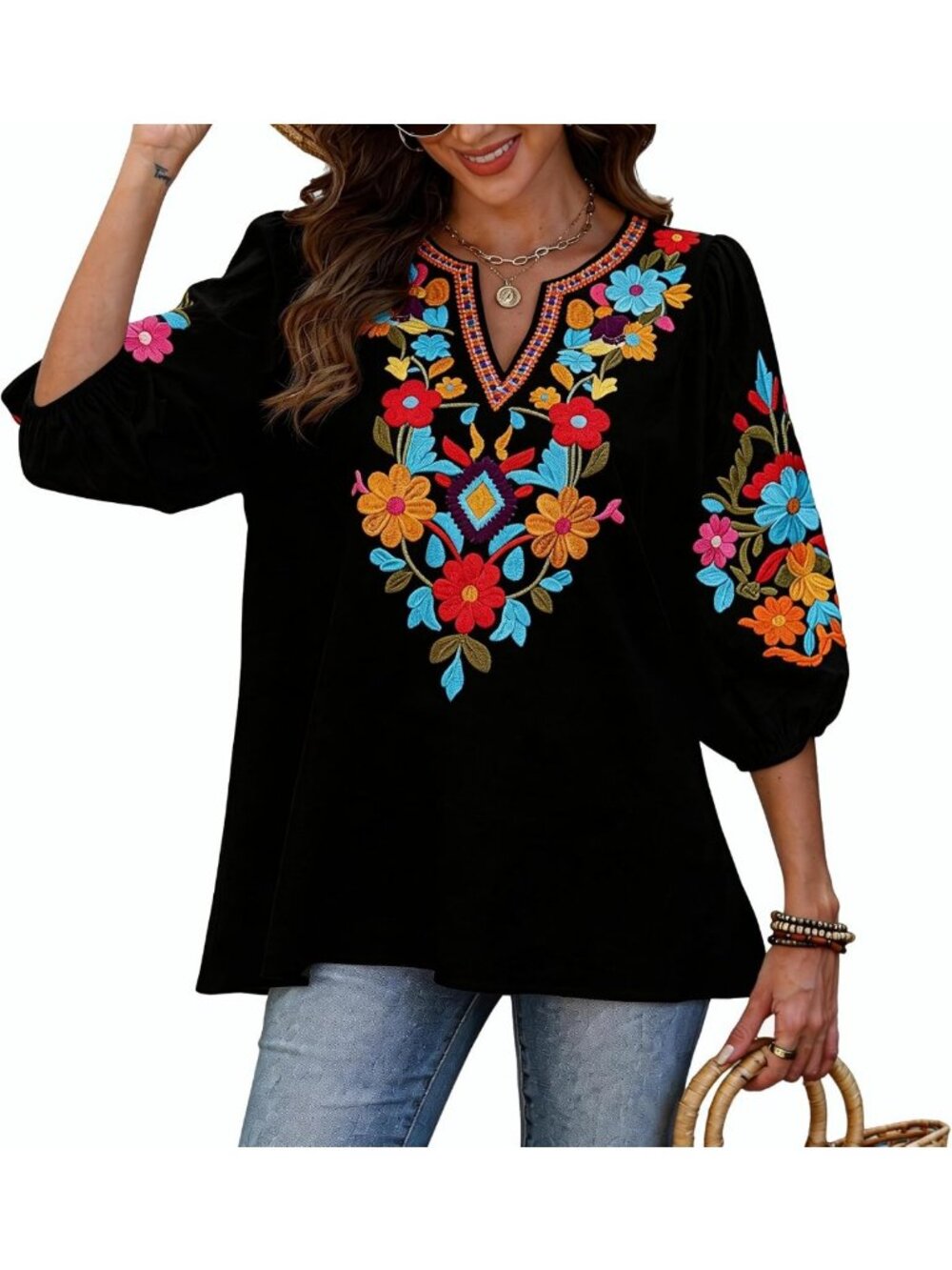 Plus Size 3/4 Sleeve Floral Embroidered Boho Peasant Top - Elastic Sleeve Tunic